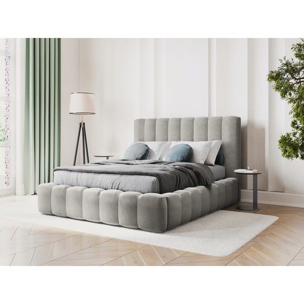 Helehall polsterdatud kaheinimese voodi, millel on riiulid 160x200 cm ja panipaik Kelp - Micadoni Home-image-1