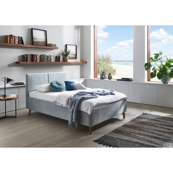 Helesinine polsterdatud kaheinimesevoodi liistudest raamiga 140x200 cm Piano - Meise Möbel-image-1