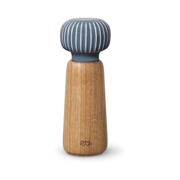 Hall-sinine tammepuidust vürtsiveski Hammershoi portselanist detailiga, kõrgus 17,5 cm. Hammershøi - Kähler Design