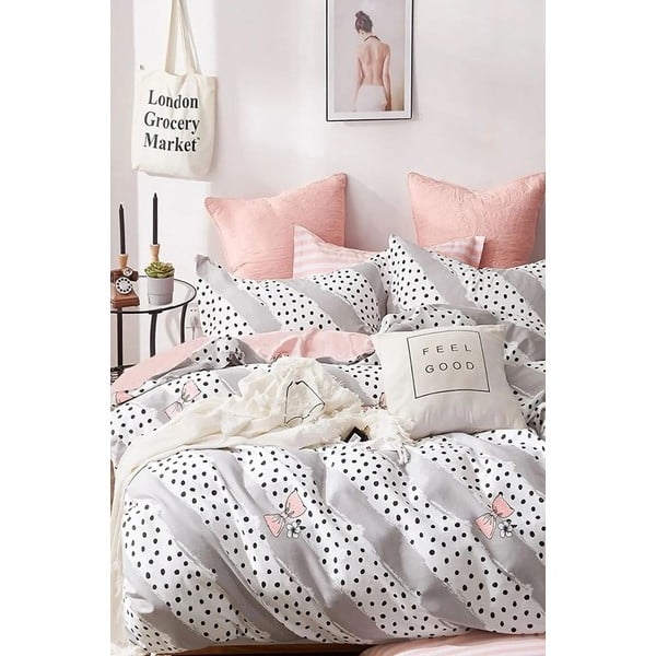 Valge-roosa pikendatud neljaosaline puuvillane voodipesu komplekt kaheinimesevoodile koos linaga 200x220 cm Bow and Polka-Dot - Mila Home