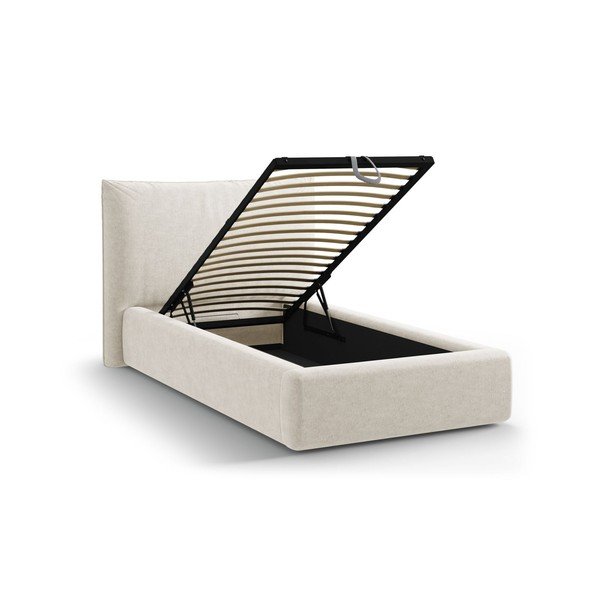 Kreem polsterdatud üheinimesevoodi koos panipaiga ja voodipõhjaga 90x200 cm Kaelle - Micadoni-image-1