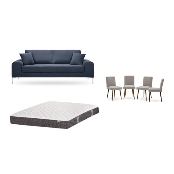 Set třímístné tmavě modré pohovky, 4 šedobéžových židlí a matrace 160 x 200 cm Home Essentials