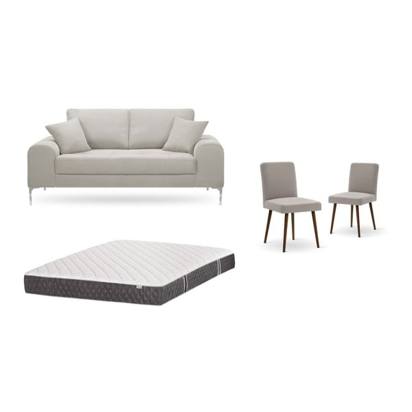 Set dvoumístné krémové pohovky, 2 šedobéžových židlí a matrace 140 x 200 cm Home Essentials