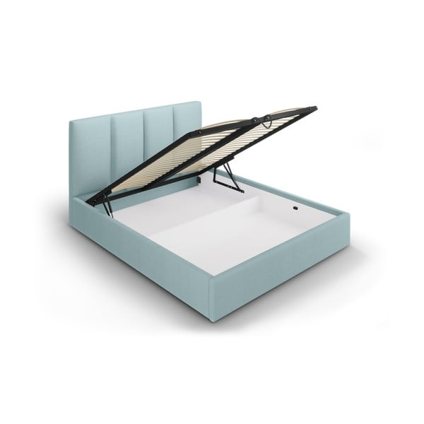 Helesinine polsterdatud kaheinimese voodi, millel on riiulid 160x200 cm ja panipaik Juniper - Mazzini Beds-image-3