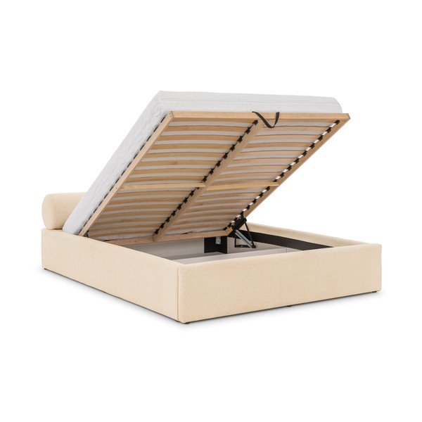 Kreemikas polsterdatud kaheinimesevoodi panipaiga ja liistudest voodipõhjaga 180x200 cm Cille - Ropez-image-2