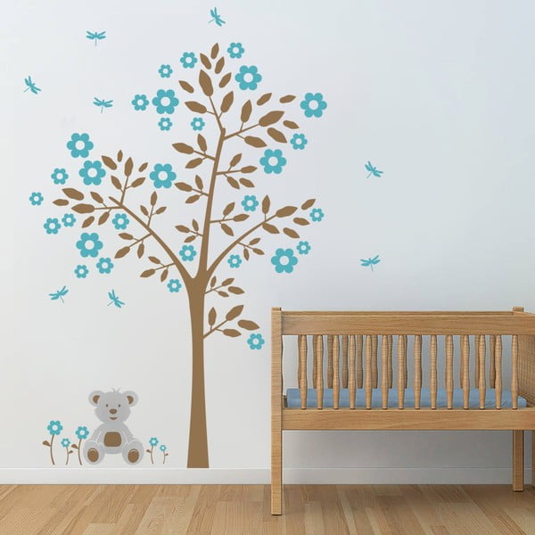Samolepka na stěnu Strom a medvídek, modrá - 2 archy, 70x50 cm