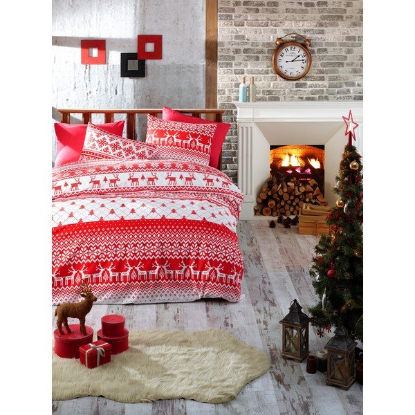 Povlečení s prostěradlem na jednolůžko z ranforce bavlny Nazenin Home Winter Red, 140 x 200 cm