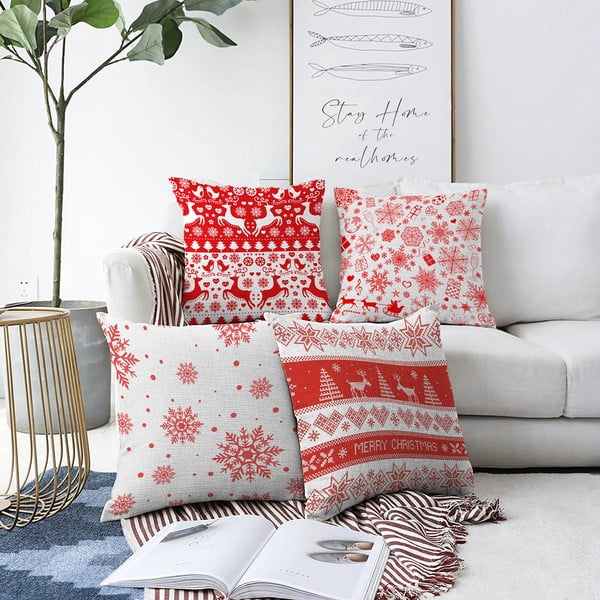 4 tšenillist padjapüüride komplekt Punased lumehelbed, 55 x 55 cm - Minimalist Cushion Covers