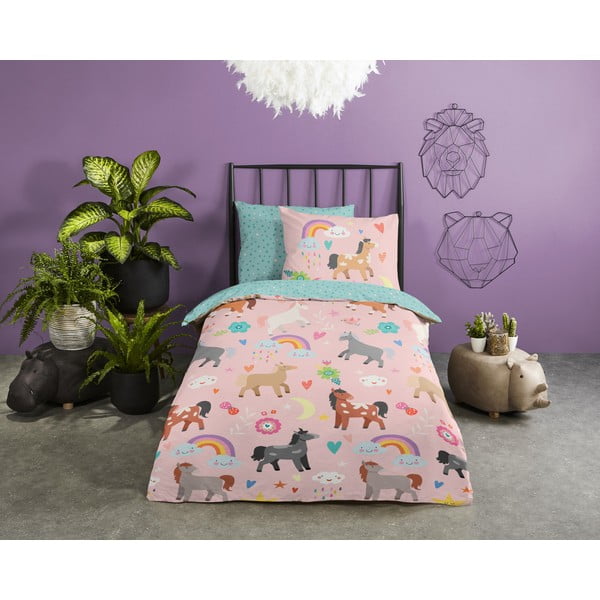 Roosa-türkiissinine puuvillane laste pikendatud voodipesu üheinimesevoodile 140x220 cm Horses - Good Morning-image-1