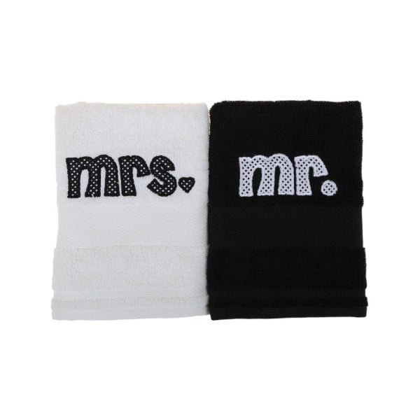 Sada 2 černo-bílých ručníků Mr. and Mrs., 100x50 cm