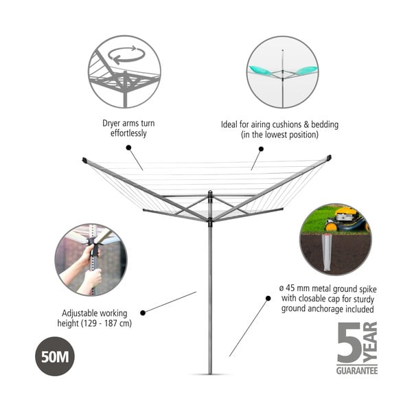 Hõbedane välitingimustes kasutatav pesukuivatusrest 50 m Lift-O-Matic – Brabantia-image-4