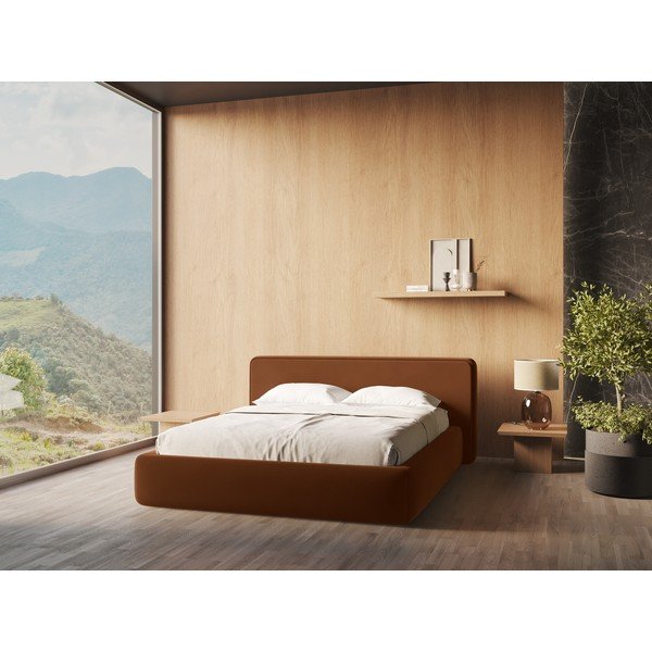 Terrakottapunane polsterdatud kaheinimesevoodi koos voodipõhja ja panipaigaga 160x200cm Kiana - Makamii-image-1