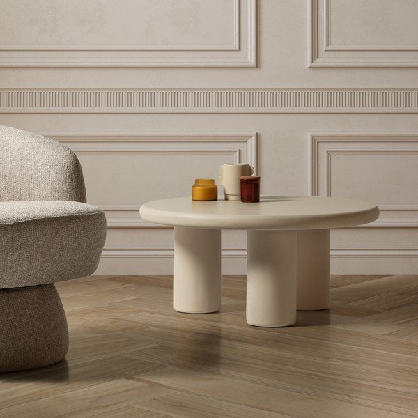 Kreem ümmargune kohvilaud kivist dekooriga ø 80 cm Iriel - MOME-image-1