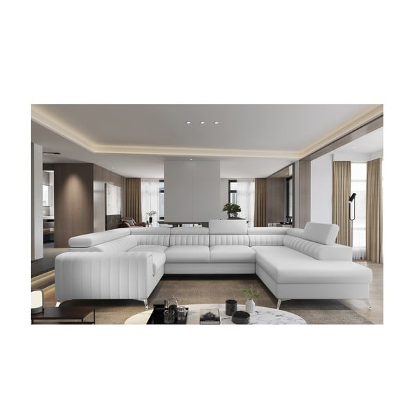 Valge kunstnahast lahtikäiv/sahtliga nurgadiivan (parem nurk/U-kujuline) Louis – ELTAP-image-1