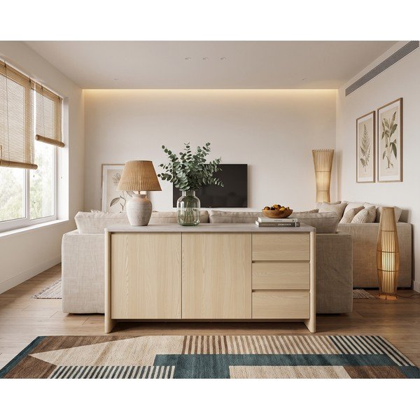 Valge/hele naturaalne tammepuust kummut 163x80x45 cm Dore - Marckeric-image-1