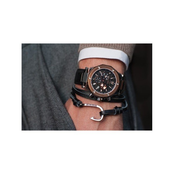 Pánský černý náramek z pravé kůže s komponentem ve stříbrné barvě Monomen Hook-image-2