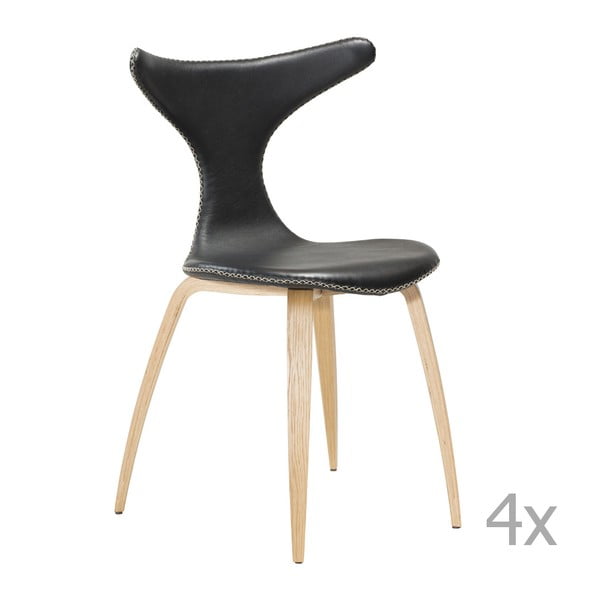Sada 4 černých kožených jídelních židlí se světlým přírodním podnožím DAN– FORM Dolphin