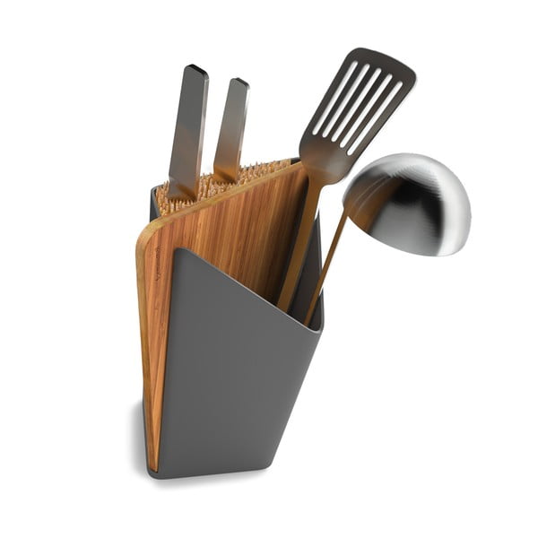 Stojan na nože a kuchyňské nástroje s prkénkem Utensil/Knife Holder + Board, šedý
