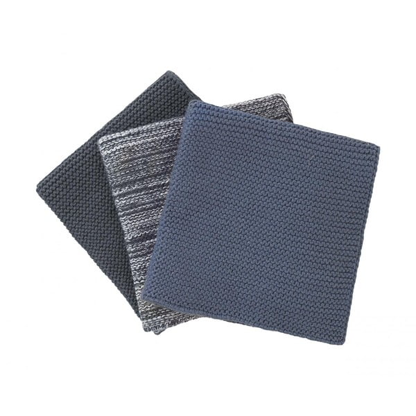 Komplekt 3 sinist kootud puuvillast nõudepesu rätikut, 25 x 25 cm - Blomus