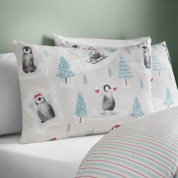 Flanellist voodipesu üheinimesevoodile naturaalses värvitoonis 135x200 cm Brushed Christmas Penguins - Catherine Lansfield-image-3
