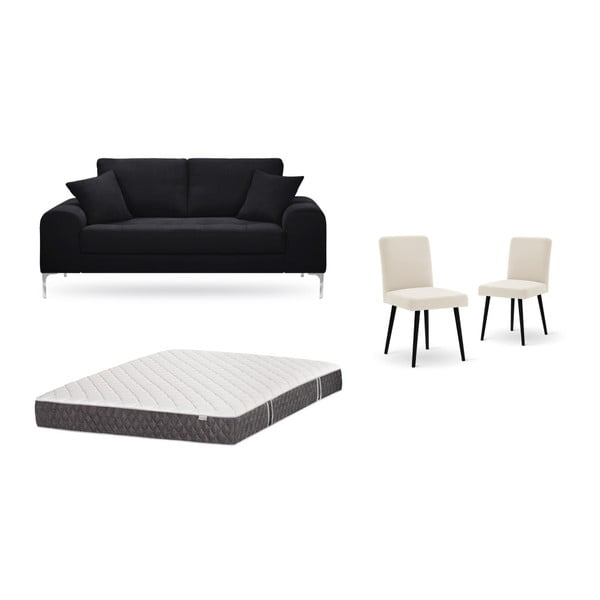 Set dvoumístné černé pohovky, 2 krémových židlí a matrace 140 x 200 cm Home Essentials