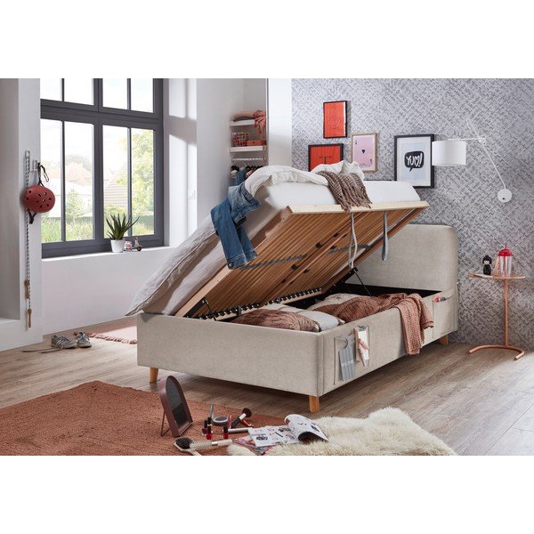 Beež lastevoodi panipaigaga ja liistudest raamiga 120x200 cm Cosy - Meise Möbel-image-2