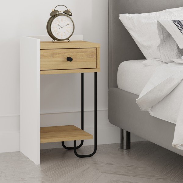 Valge-puiduvärvi tammedekooriga öökapp koos riiulitega Mercure - Marckeric-image-4