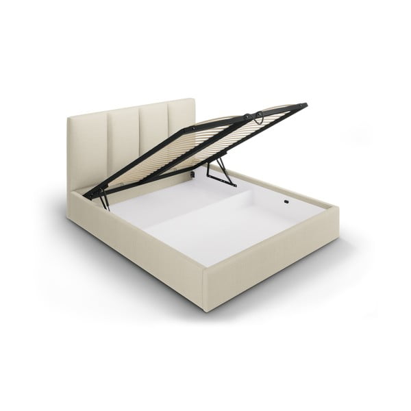Beež pehme topitud kaheinimesevoodi koos riiuliga 140x200 cm koos panipaigaga Juniper - Mazzini Beds-image-3