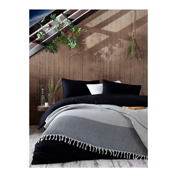 Šedý bavlněný přehoz přes postel Galina Black White, 220 x 240 cm