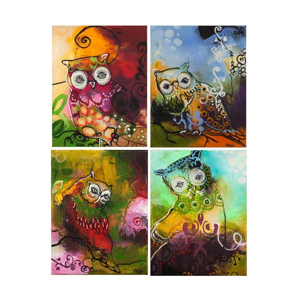 Freja Owl Multicolor, 28x22 cm, tetraptych
