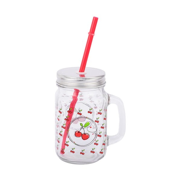 Skleněná mason jar s brčkem Tantitoni Cherry, 475 ml