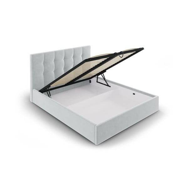 Helehall polsterdatud kaheinimese voodi, millel on riiulid 160x200 cm ja panipaik Nerin - Mazzini Beds-image-3