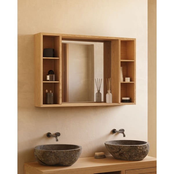 Rippuv tiikpuidust vannitoakapp koos peegliga 100x65 cm Parana - Kave Home-image-3