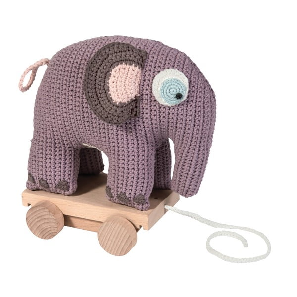 Pletená dětská hračka na dřevěném vozíku Sebra Crochet Elephant On Wheels