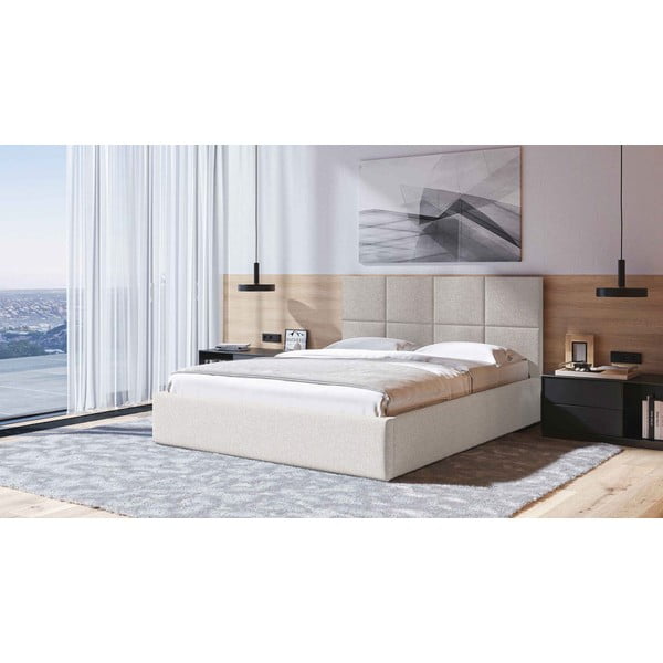 Beeži värvi polsterdatud kaheinimese voodi, millel on riiulid 160x200 cm ja hoiuruumid Bufo - MESONICA-image-1