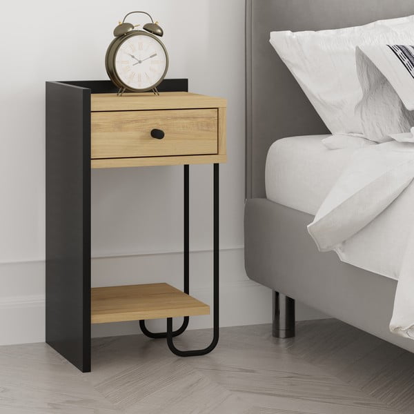 Must-puiduvärvi tammedekooriga öökapp koos riiulitega Mercure - Marckeric-image-1