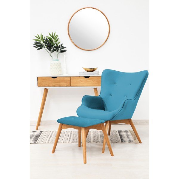 Akvamarínově modré křeslo a podnožka s podnoží v přírodní barvě Vivonita Cora Velvet-image-1