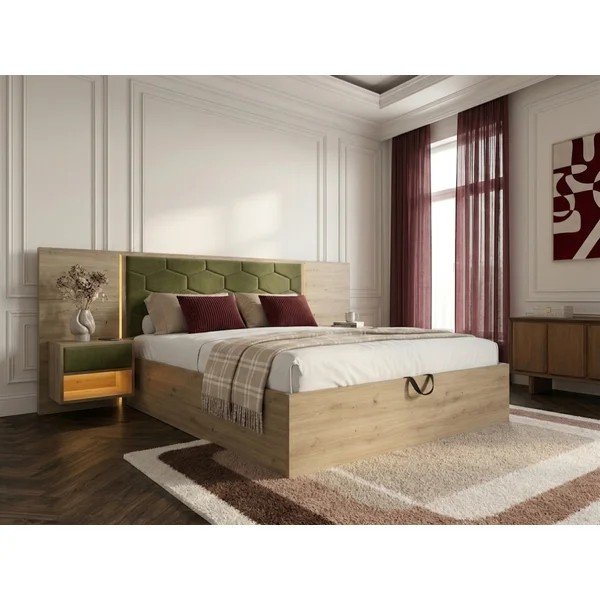Tumeroheline polsterdatud/puitlaastplaadist kaheinimesevoodi panipaigaga ja liistudest raamiga 160x200 cm Palmeraie - Bobochic Paris-image-1