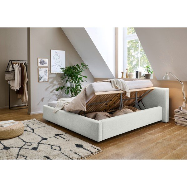 Valge polsterdatud kaheinimesevoodi koos voodipõhja ja panipaigaga 140x200 cm Cube – Meise Möbel-image-1