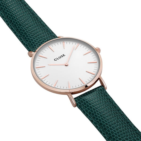 Dámské hodinky se smaragdově zeleným koženým řemínkem a detaily v barvě růžového zlata Cluse La Bohéme