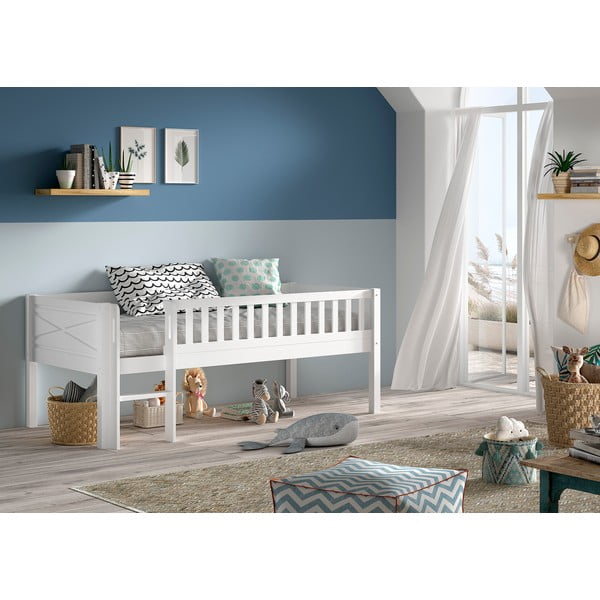 Valge kõrge männi täispuidust lastevoodi koos voodipõhjaga 90x200 cm Scott – Vipack-image-1