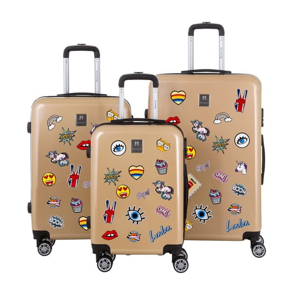 Sada 3 cestovních kufrů ve zlaté barvě se sadou nálepek Berenice Stickers