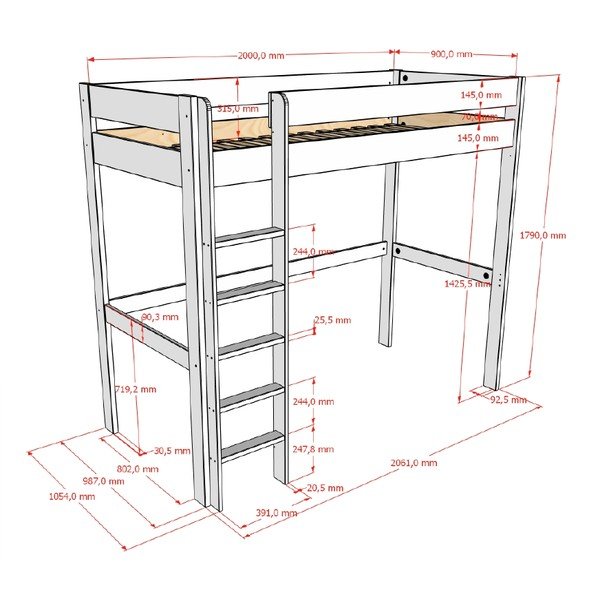Valge kõrgendatud lastevoodi liistudest raamiga 90x200 cm Primo - Vipack-image-2