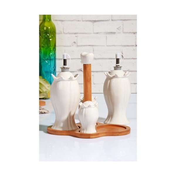 Set porcelánové pepřenky, slánky a 2 lahví na olej na bambusovém podnosu Marinos-image-1