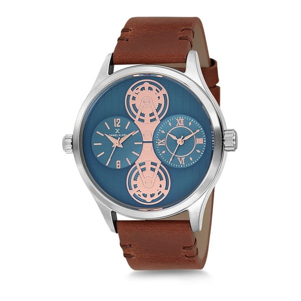 Pánské hodinky s hnědým koženým řemínkem a modrým ciferníkem Daniel Klein Pulse