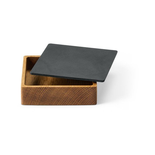 Antratsiitne puidust/öko-nahast dekoratiivne hoiukarp koos kaanega 11x11x3,5 cm Square Nupo - LIND DNA-image-1