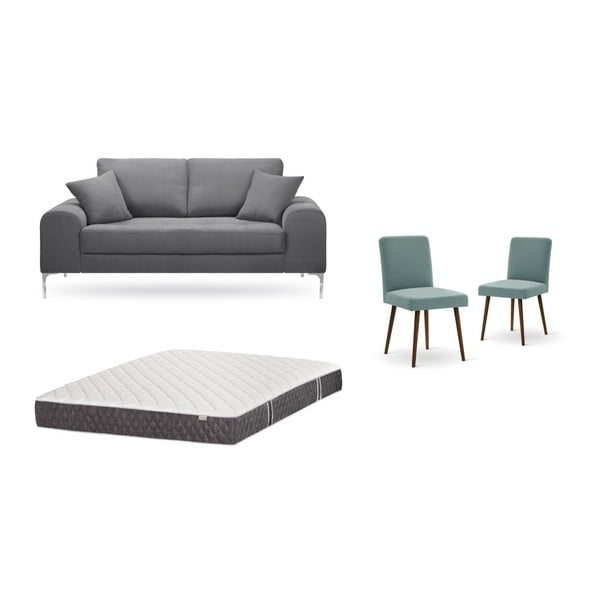 Set dvoumístné šedé pohovky, 2 šedozelených židlí a matrace 140 x 200 cm Home Essentials