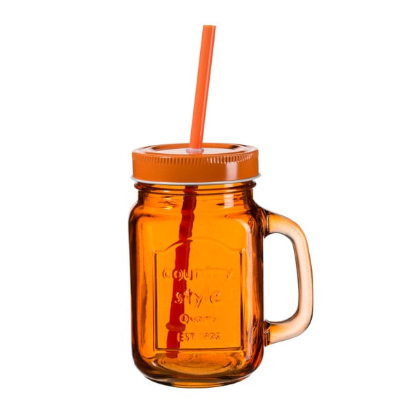 Tmavě oranžová sklenice s víčkem a brčkem SUMMER FUN II BUNT, 450 ml