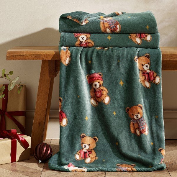 Tumeroheline jõulumotiiviga tekk 170x130 cm Christmas Tartan Teddy Bear - Catherine Lansfield-image-1