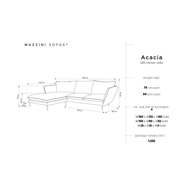 Světle šedá sametová rohová pohovka Mazzini Sofas Acacia, levý roh-image-3